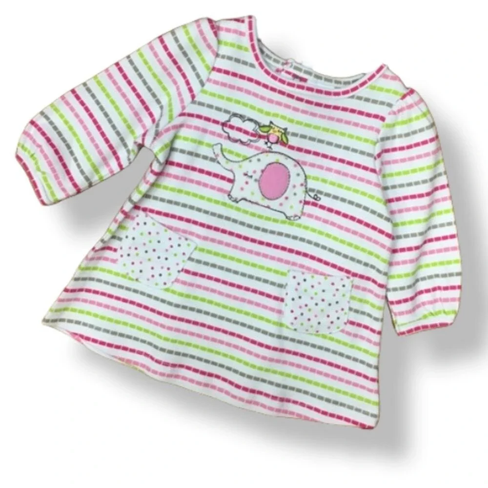 Nursery Rhyme Girls Dress Sz 0-3 Mo Elephant Bird Pink Green Stripe Bloomers NEW